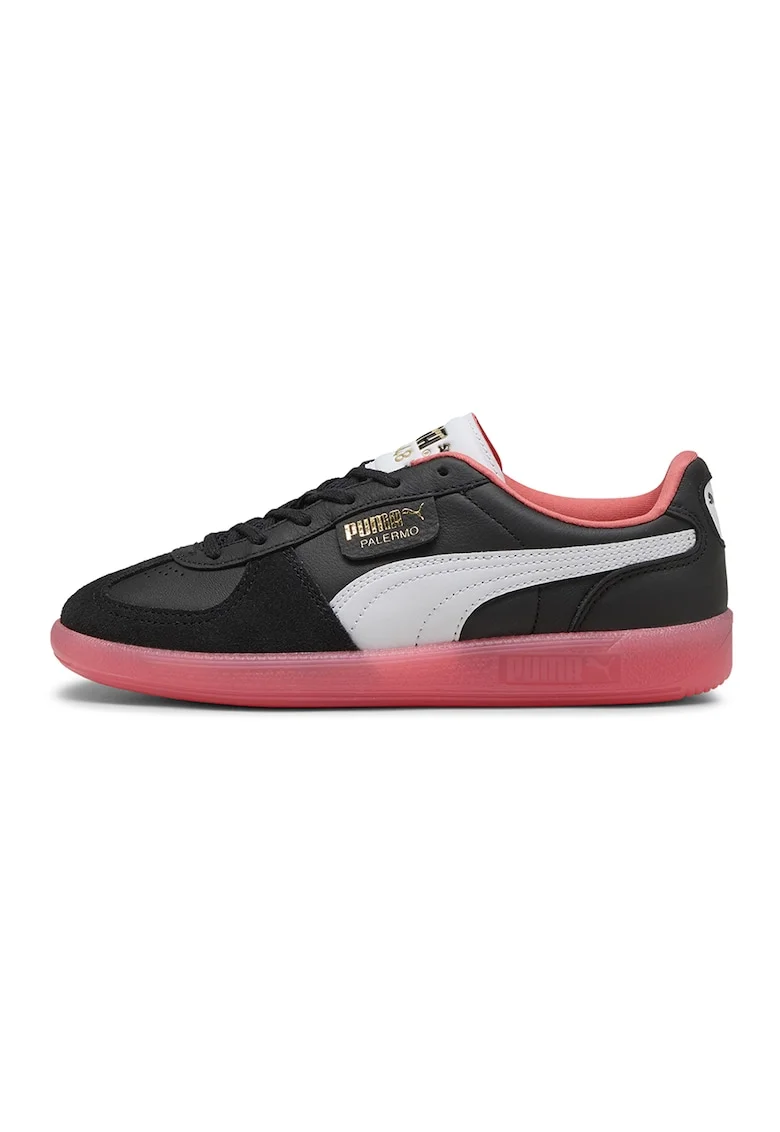 Pantofi sport de piele cu insertii de piele intoarsa Palermo, Alb/Negru stins/Roz