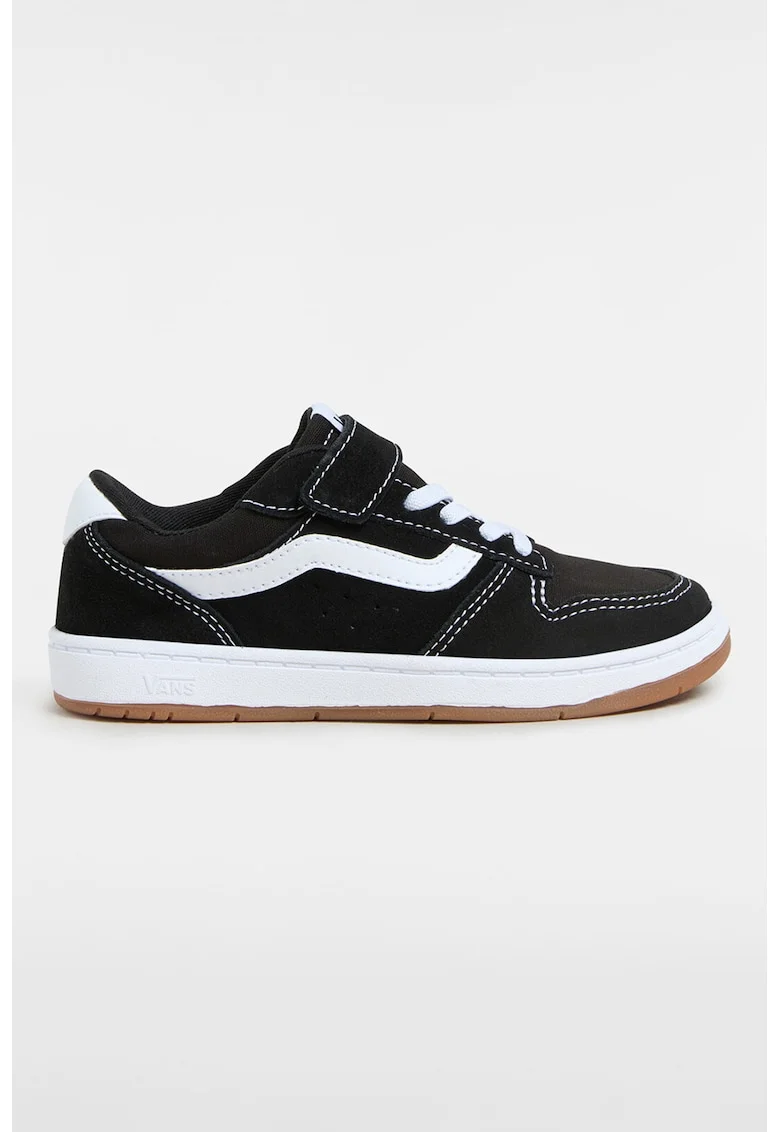 Pantofi sport din piele intoarsa cu segment cu inchidere velcro, Alb/Negru