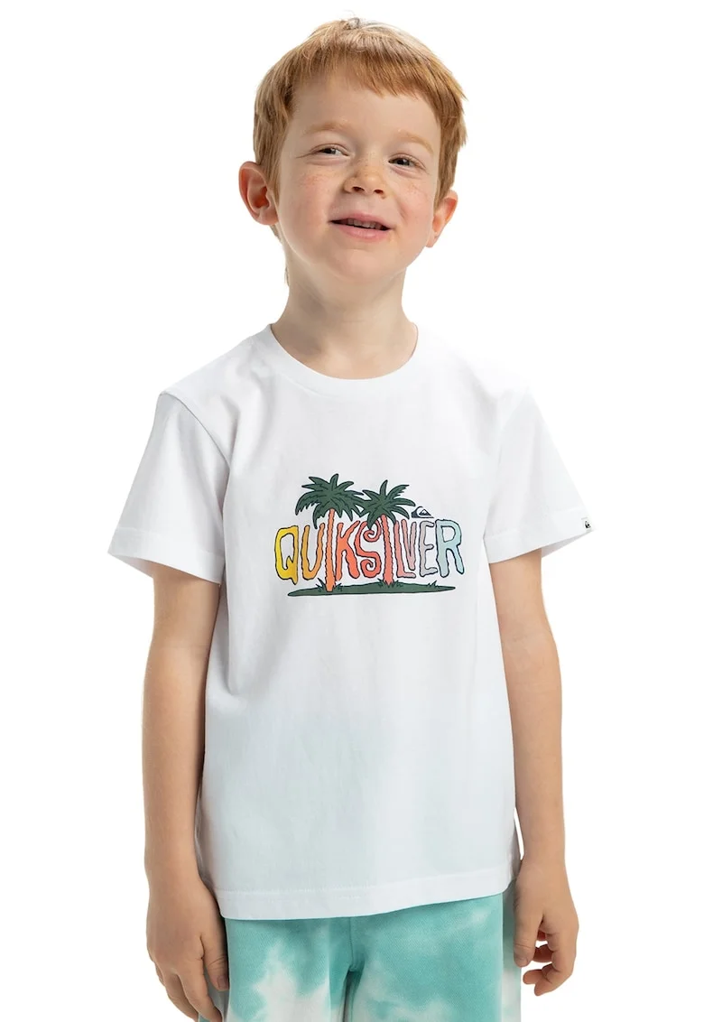 Tricou cu decolteu la baza gatului Sunny Palms, Alb/Verde/Albastru