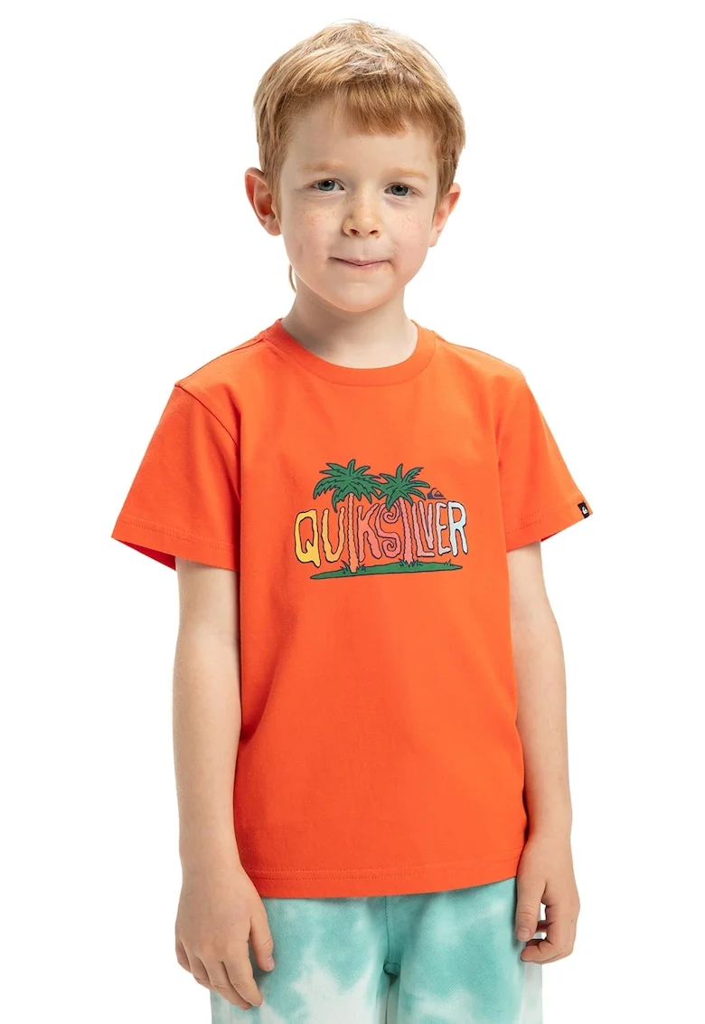 Tricou cu decolteu la baza gatului Sunny Palms, Galben/Verde inchis/Portocaliu mandarina