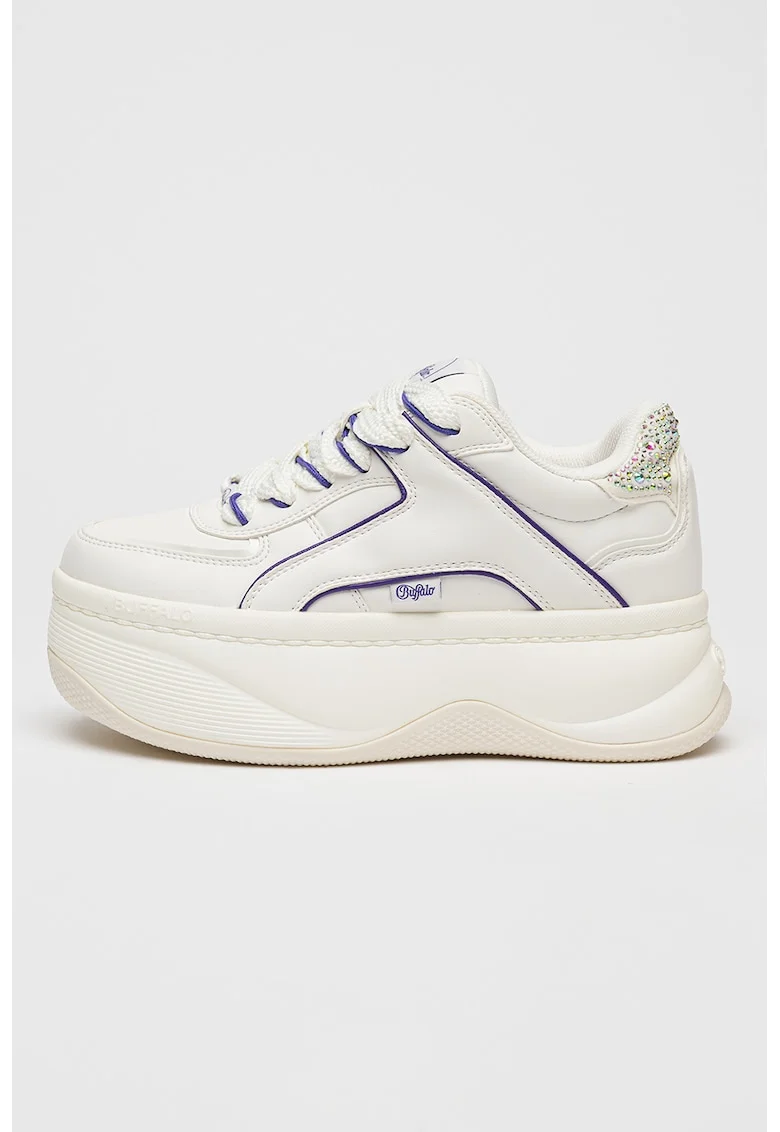 Pantofi sport flatform de piele ecologica cu strasuri, Alb optic/Ametist