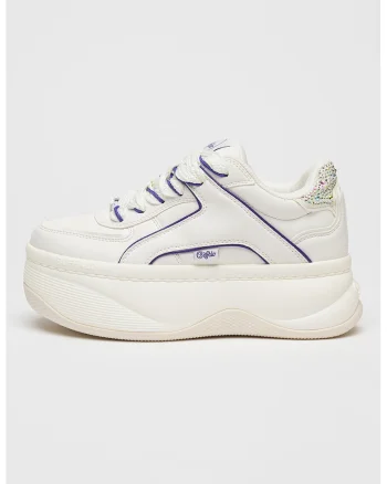 Pantofi sport flatform de piele ecologica cu strasuri, Alb optic/Ametist
