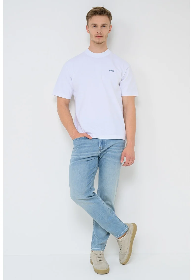 Tricou cu decolteu la baza gatului si model, Albastru prafuit/Alb optic
