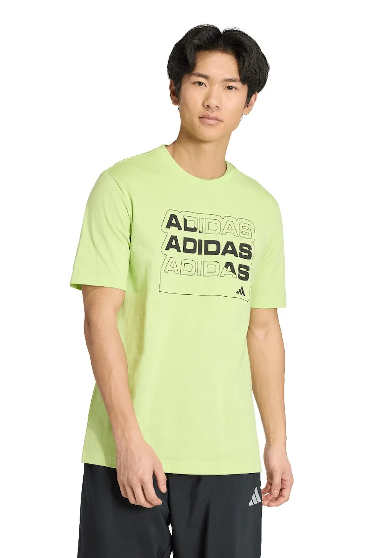 Tricou cu decolteu la baza gatului si imprimeu logo, Verde lime