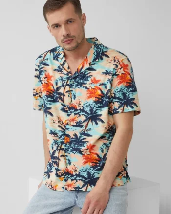Camasa barbati cu maneca scurta si imprimeu tropical,Regular fit, Multicolor