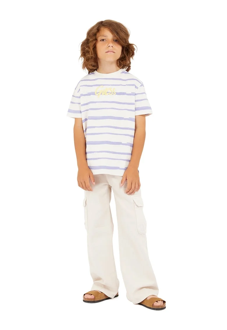 Tricou cu decolteu la baza gatului si model in dungi, Alb fildes/Ametist