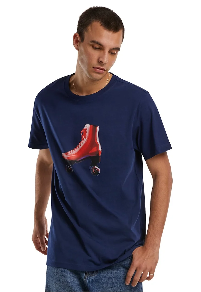 Tricou cu imprimeu grafic si decolteu la baza gatului, Rosu inchis/Bleumarin