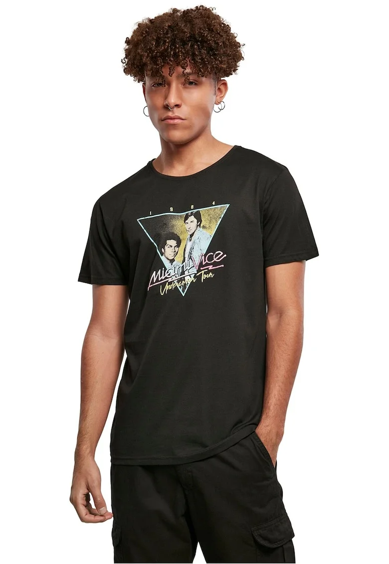 Tricou cu decolteu la baza gatului si imprimeu foto, Alb/Galben pal/Negru stins