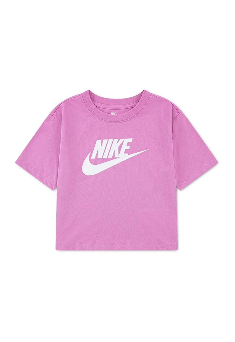Tricou cu imprimeu logo si decolteu la baza gatului, Alb optic/Magenta