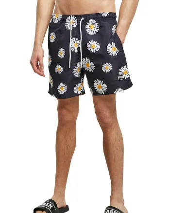 Pantaloni scurti de baie cu model si buzunare laterale, Alb/Galben/Gri antracit