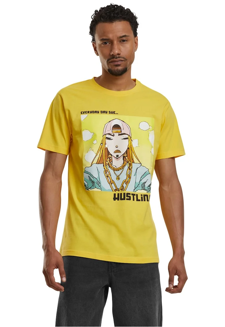 Tricou cu imprimeu grafic si decolteu la baza gatului, Negru/Galben sofran/Albastru pal