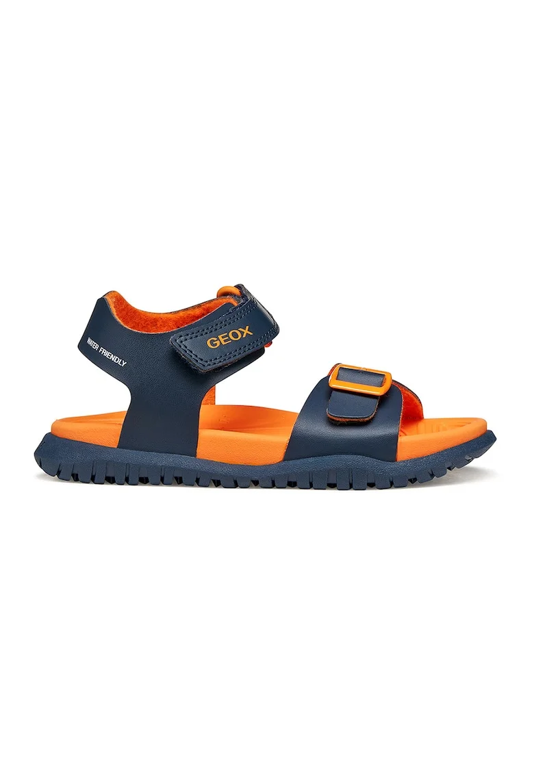 Sandale de piele ecologica cu velcro Fusbetto, Albastru ultramarin/Portocaliu mandarina
