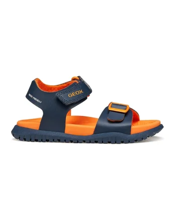 Sandale de piele ecologica cu velcro Fusbetto, Albastru ultramarin/Portocaliu mandarina