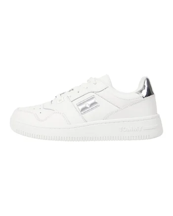 Pantofi sport de piele cu aplicatie logo, Alb/Argintiu