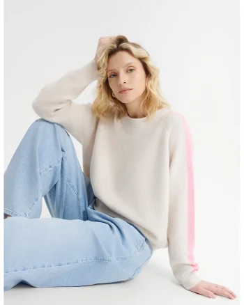 Pulover cu decolteu la baza gatului, Roz pastel/Bej deschis