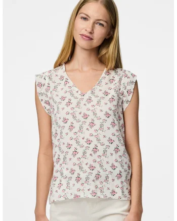 Bluza cu model si decolteu in V, Alb/Verde/Roz