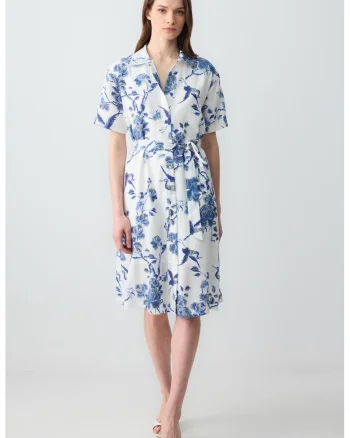 Rochie midi cu model floral, Alb/Albastru petrol