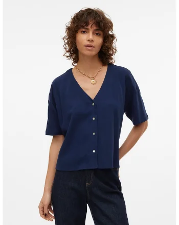 Camasa crop din amestec de in, Albastru indigo