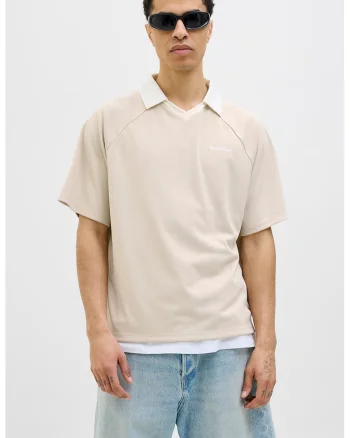 Tricou polo lejer cu maneci raglan, Bej/Alb murdar