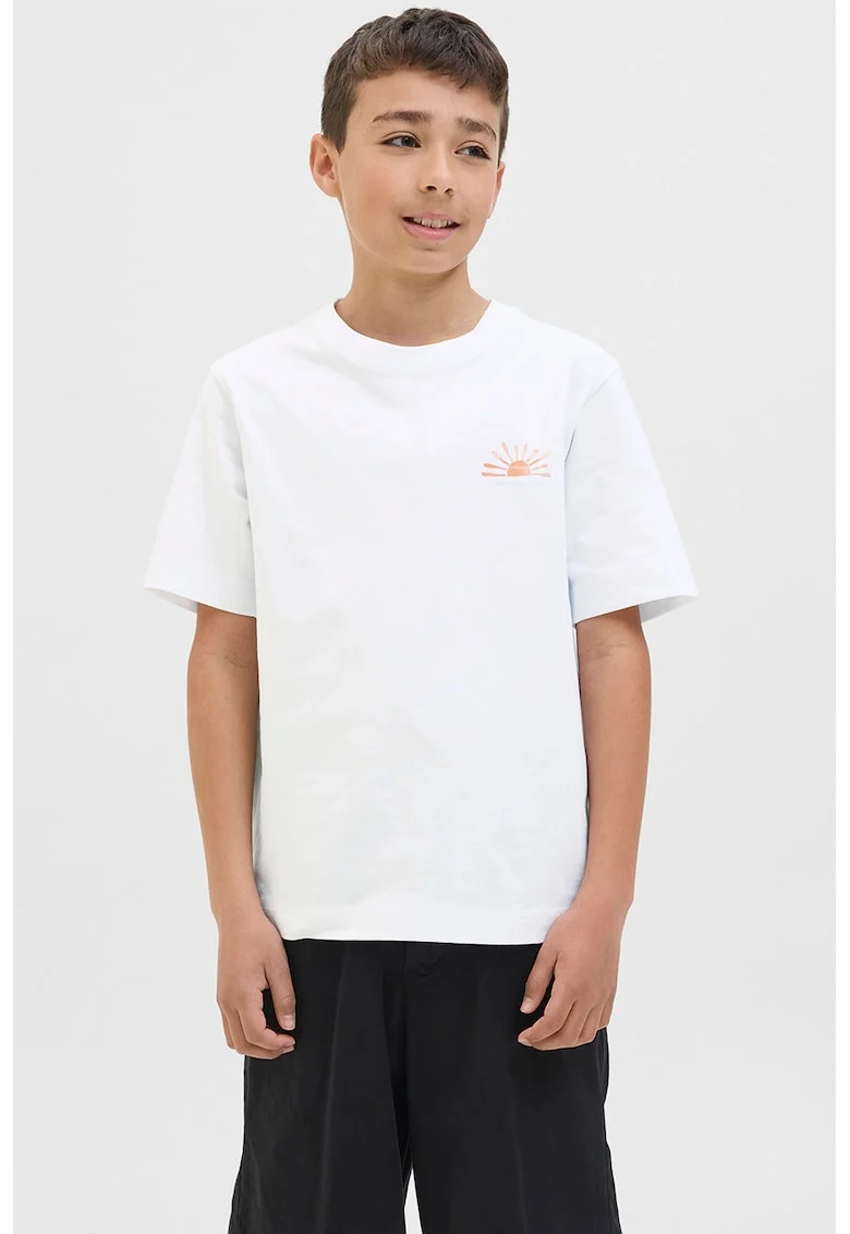 Tricou cu imprimeu si decolteu la baza gatului, Alb/Portocaliu/Albastru