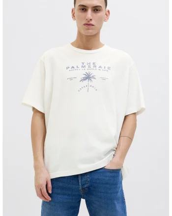Tricou cu imprimeu text, Alb fildes/Albastru inchis