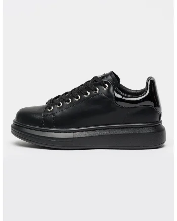 Pantofi sport din piele cu insertii din piele lacuita, Negru