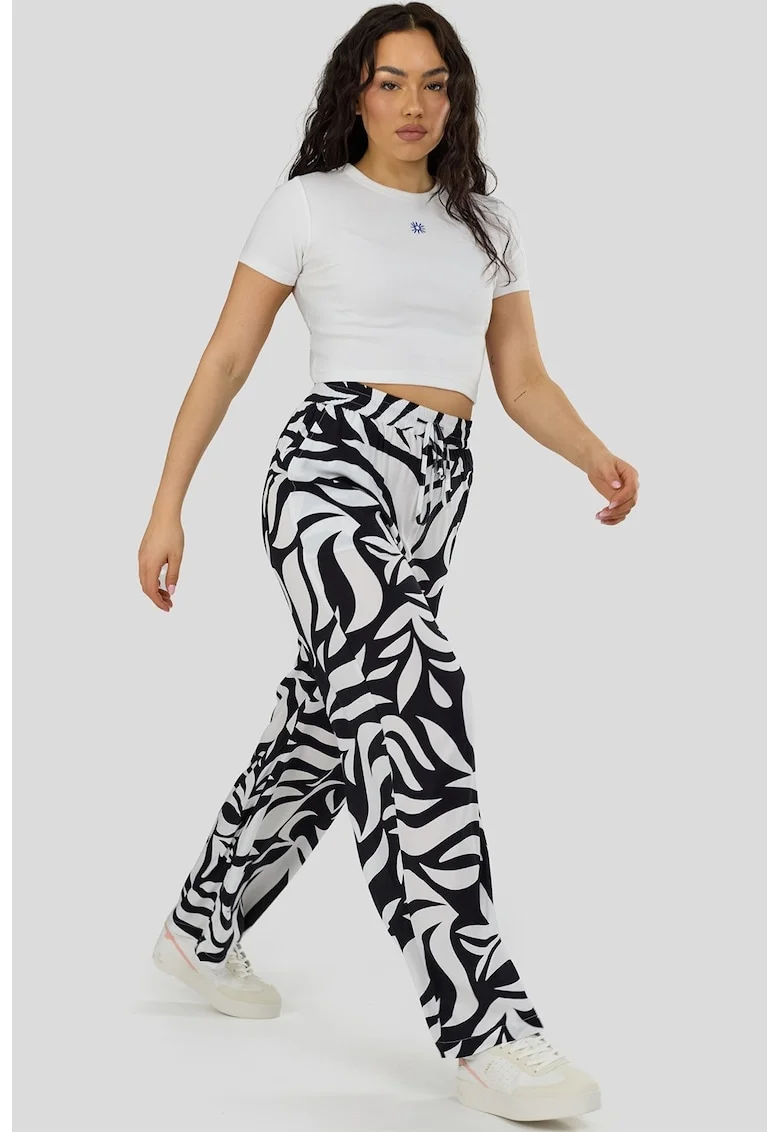 Pantaloni cu croiala ampla si talie inalta Poppy, Alb/Negru