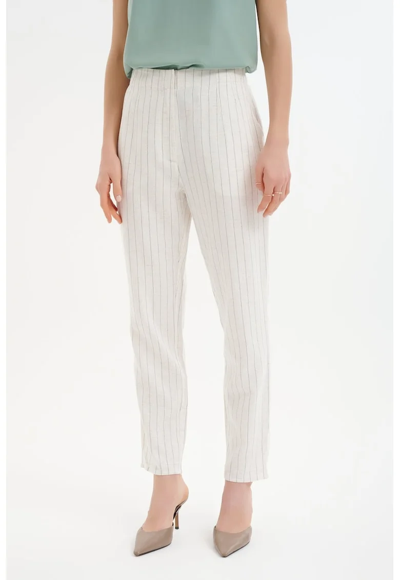 Pantaloni din amestec de bumbac cu talie inalta, Alb/Gri