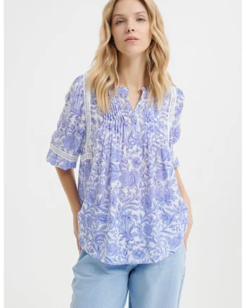 Bluza lejera cu model floral, Alb/Albastru lavanda