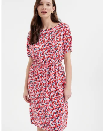 Rochie cu cordon in talie si model floral, Rosu/Roz/Albastru
