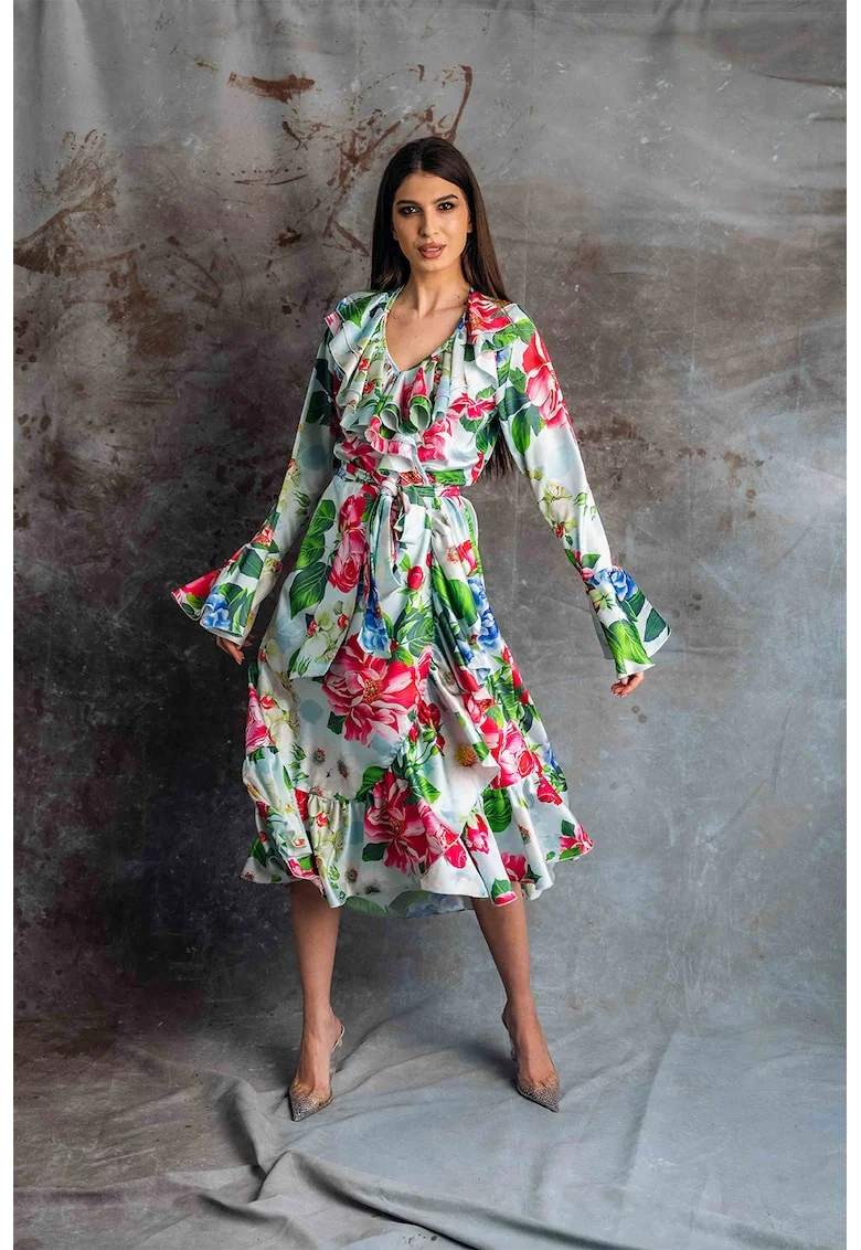 Rochie din amestec de matase cu volane si imprimeu Zenna, Albastru deschis/Multicolor