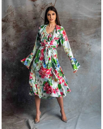 Rochie din amestec de matase cu volane si imprimeu Zenna, Albastru deschis/Multicolor