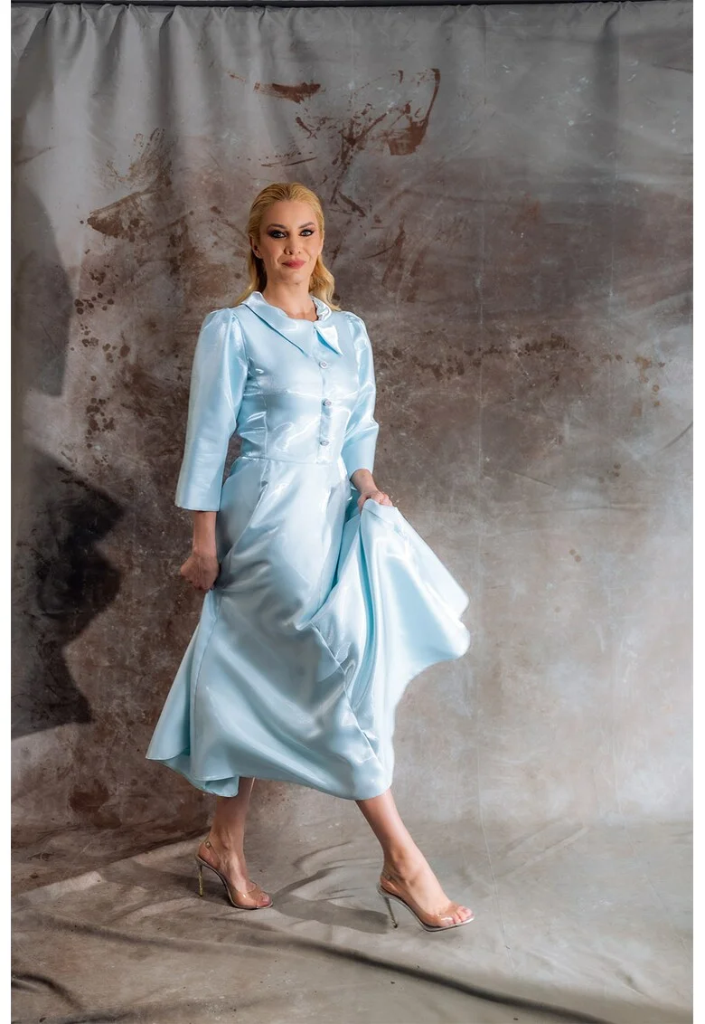 Rochie midi cu croiala in A Taffeta, Albastru glaciar
