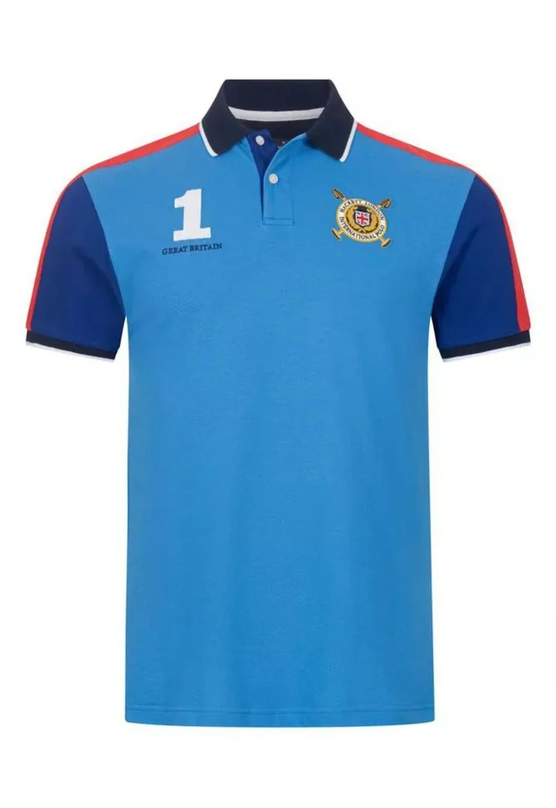 Tricou polo barbat,  albastru, bumbac, broderie, etichete