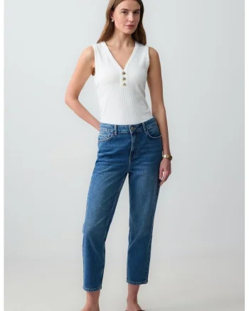 Blugi crop mom fit, Albastru inchis