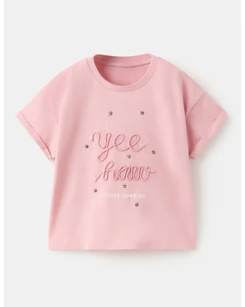 Tricou cu broderie text, Roz