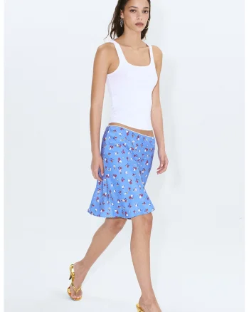 Fusta midi din satin cu model floral, Visiniu/Galben/Albastru azur