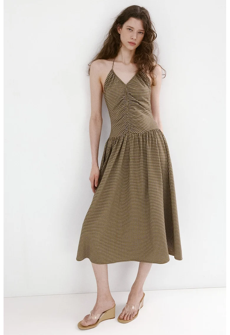 Rochie midi din amestec de bumbac cu decolteu in V, Alb/Maro pamantiu