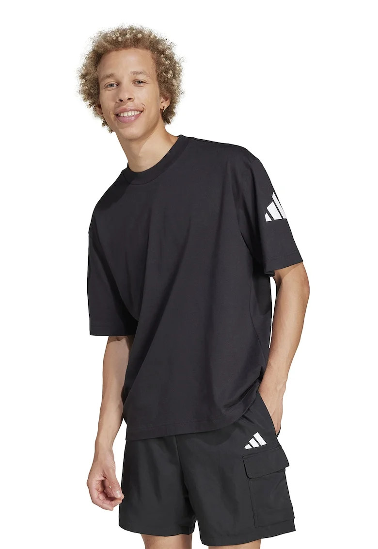 Tricou cu decolteu la baza gatului si detaliu cu logo pe maneci, Alb/Negru