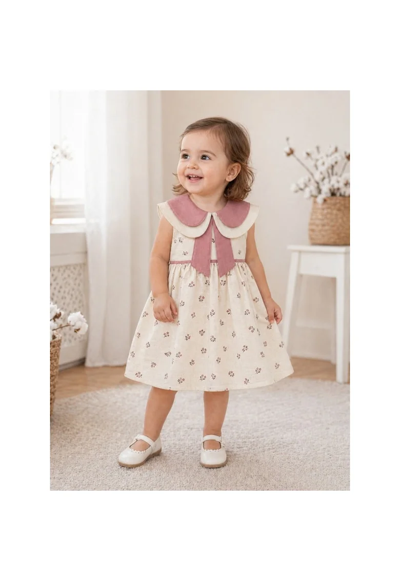 Rochita fetite crem cu imprimeu floral si guler dublu roz elegant