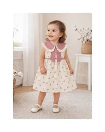 Rochita fetite crem cu imprimeu floral si guler dublu roz elegant