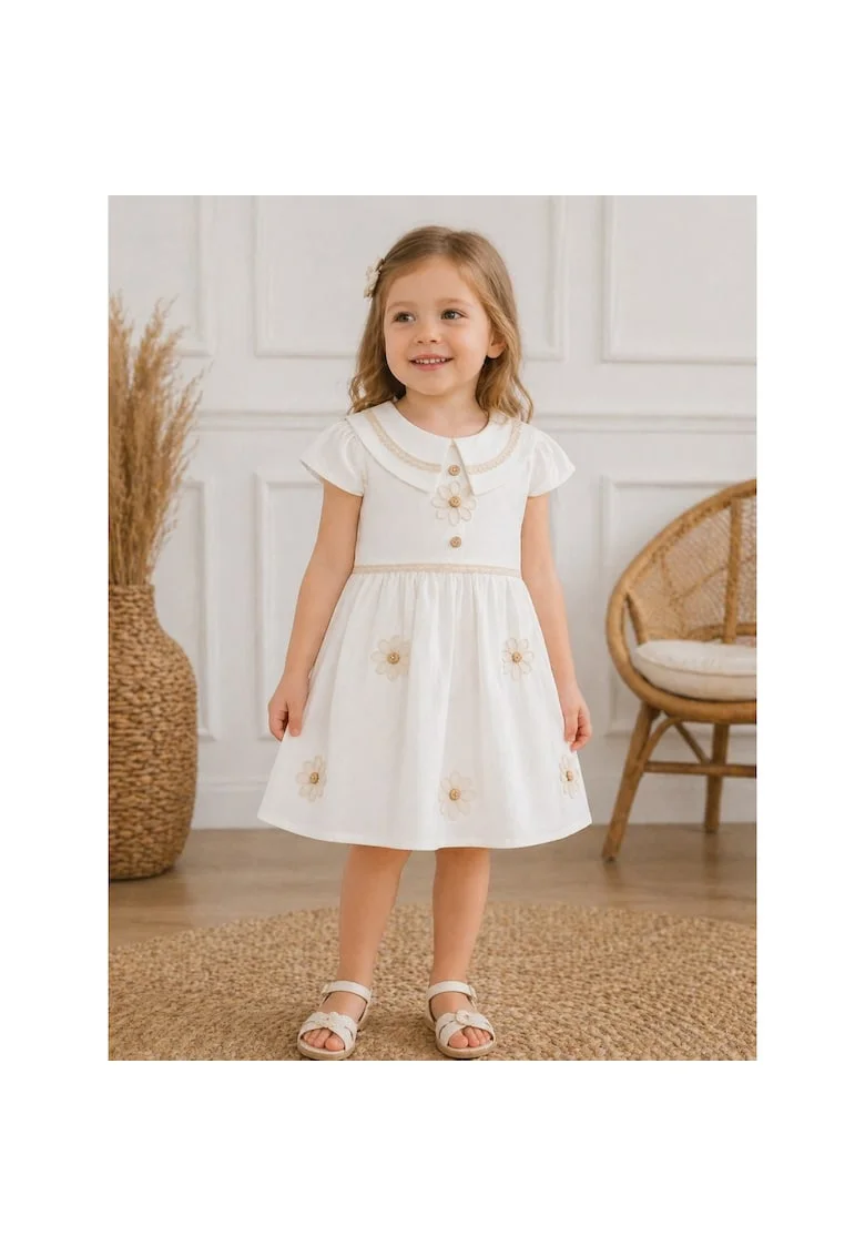 Rochita fetite alba eleganta cu broderie florala si guler decorativ