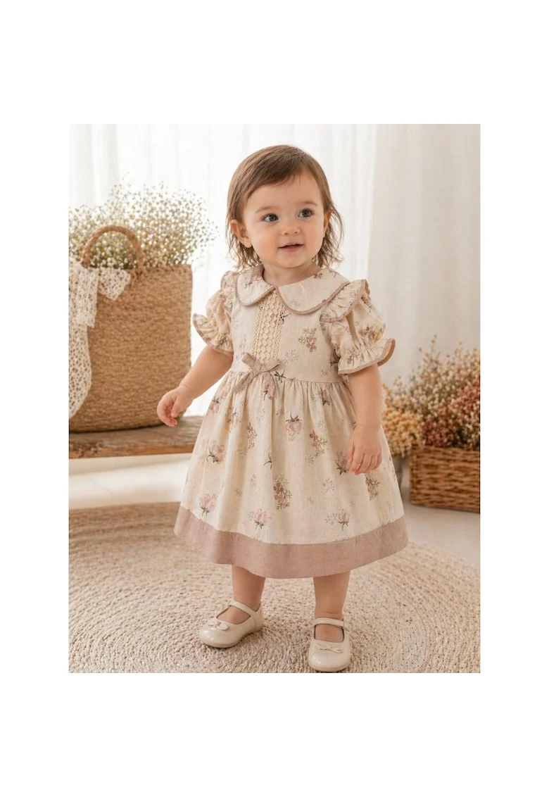 Rochita fetite crem din bumbac cu imprimeu floral si guler elegant