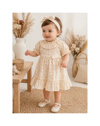 Rochita fetite crem din bumbac cu imprimeu floral si volane elegante