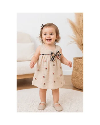 Set fetite 2 piese rochita si bloomer crem cu imprimeu floral si funda