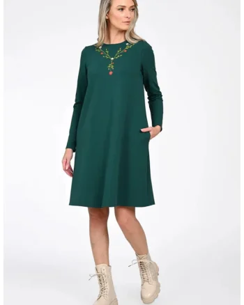 Rochie Dama,  A-Line, cu Pictura Realizata Manual, Verde