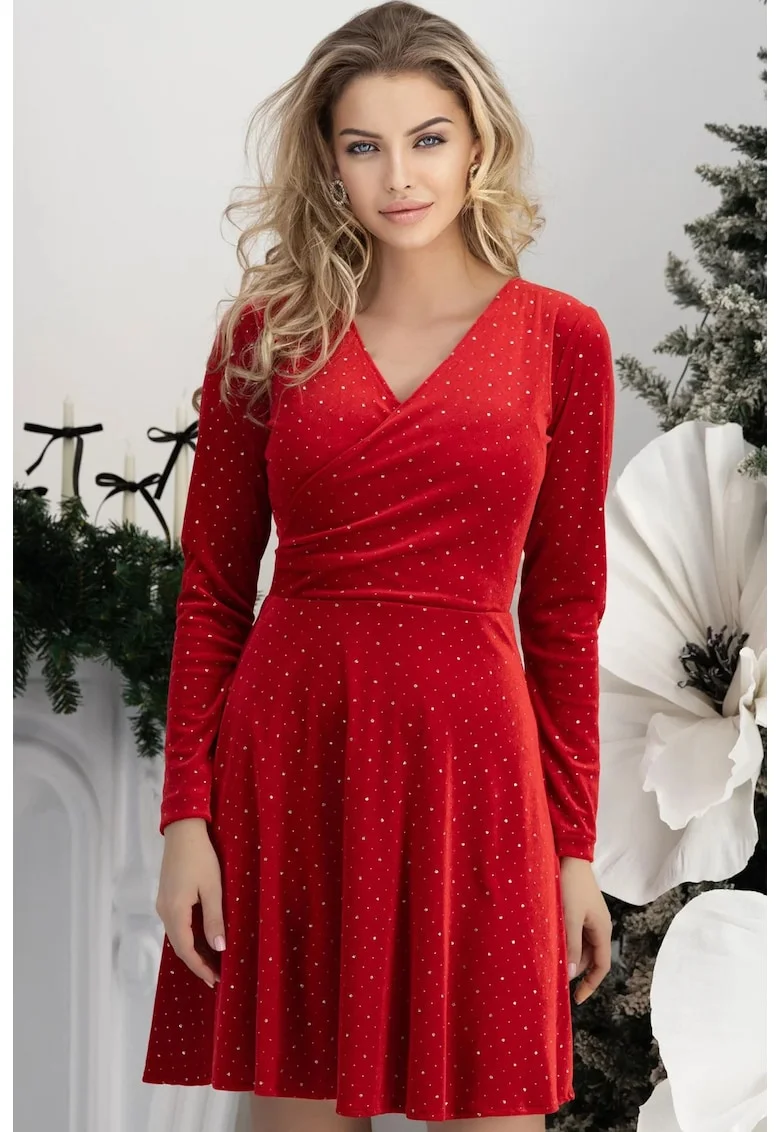 Rochie scurta din catifea cu sclipici, croi clos si decolteu petrecfewqgut, Rosu