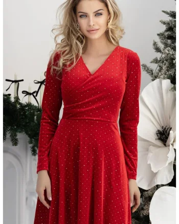 Rochie scurta din catifea cu sclipici, croi clos si decolteu petrecfewqgut, Rosu