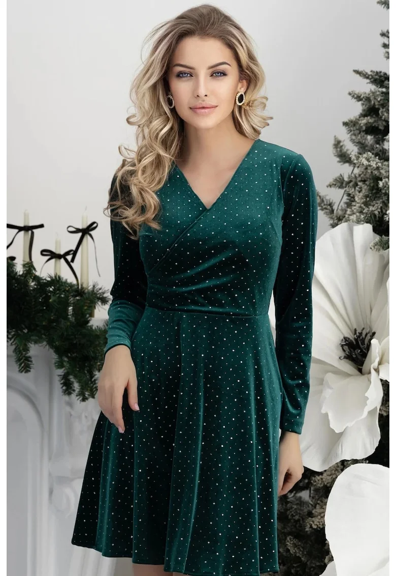 Rochie scurta din catifea cu sclipici, croi clos si decolteu petrecfewqgut, Verde