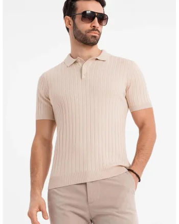 Tricou polo cu aspect striat, Bej